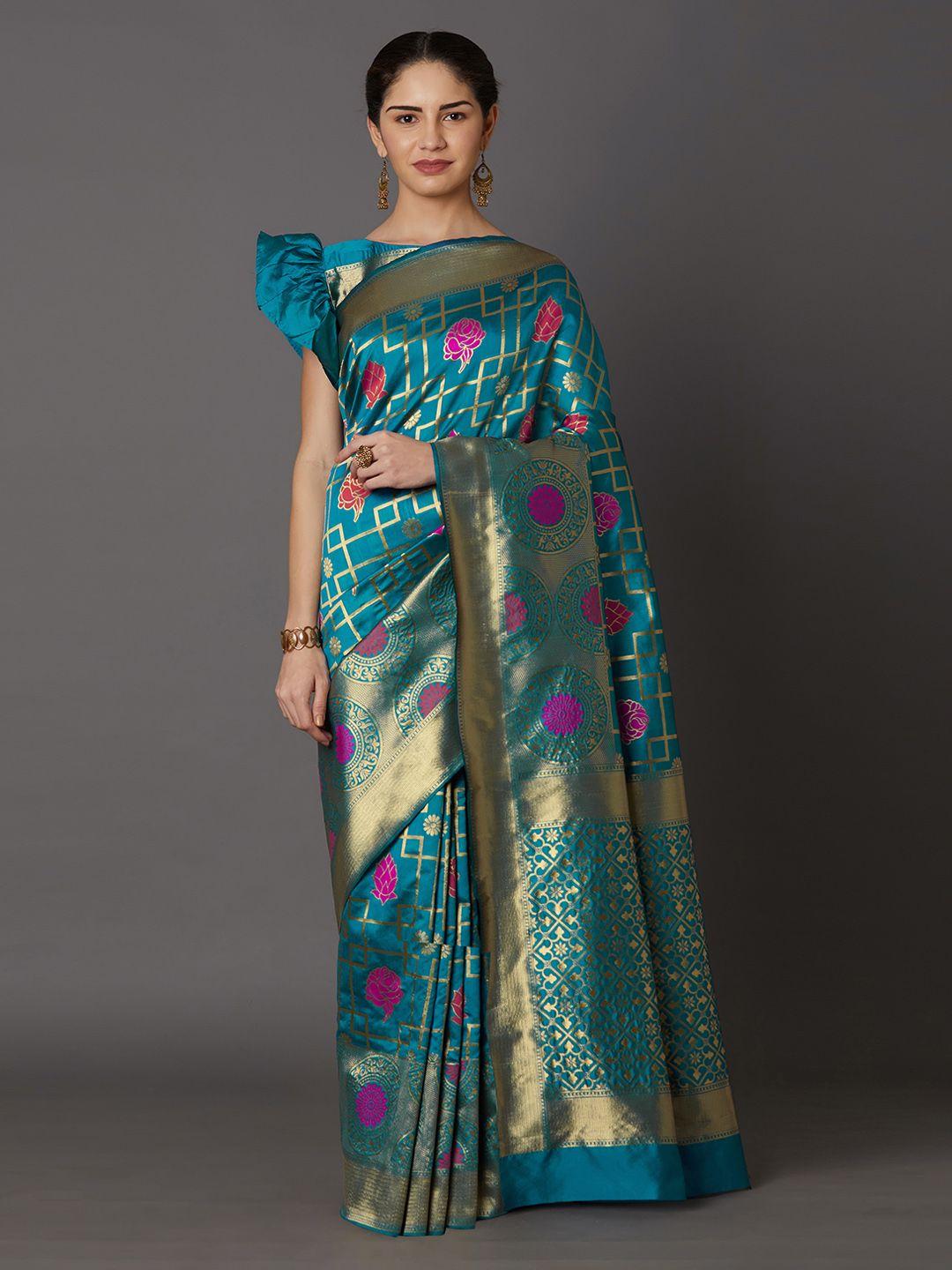 mitera turquoise blue silk blend woven design kanjeevaram saree