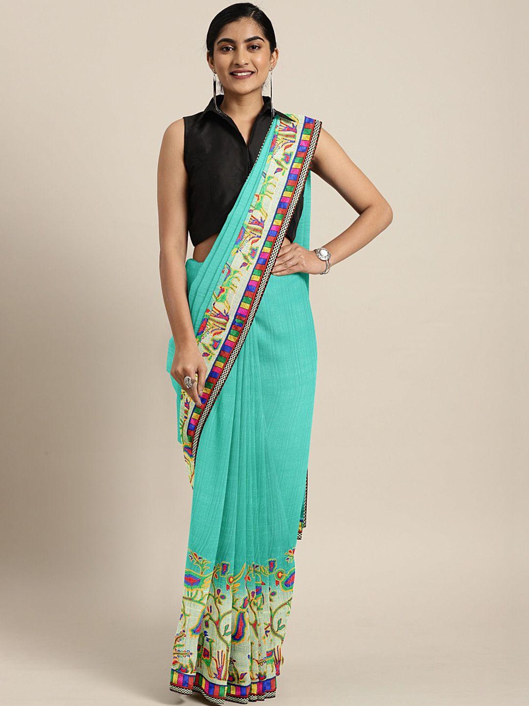 mitera turquoise blue striped pure chiffon saree with embroidery