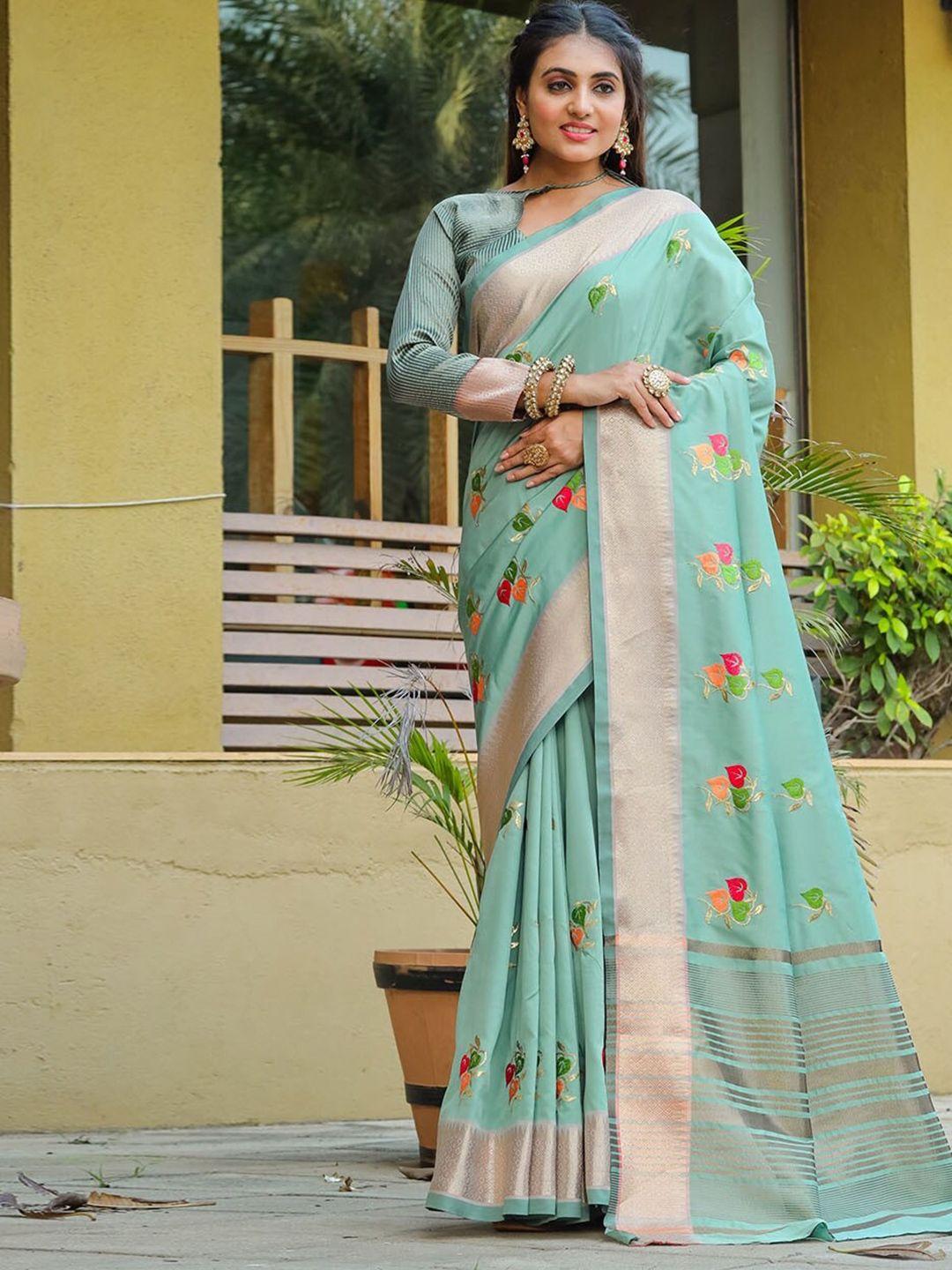 mitera turquoise blue woven design embroidered silk cotton designer banarasi saree