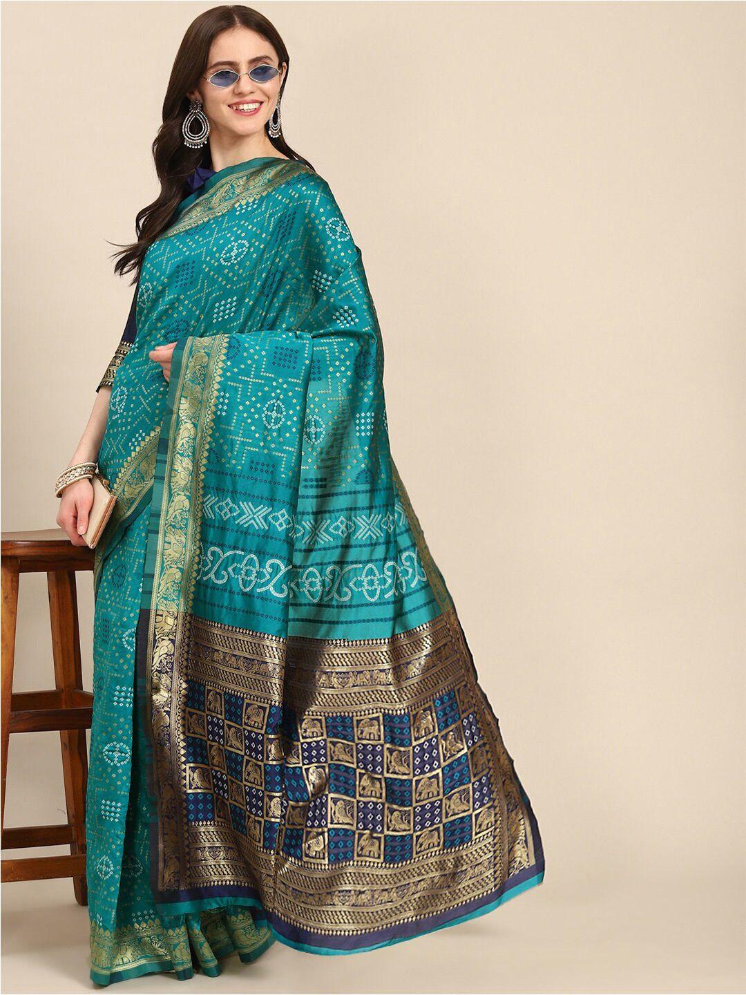 mitera turquoise blue zari bandhani saree