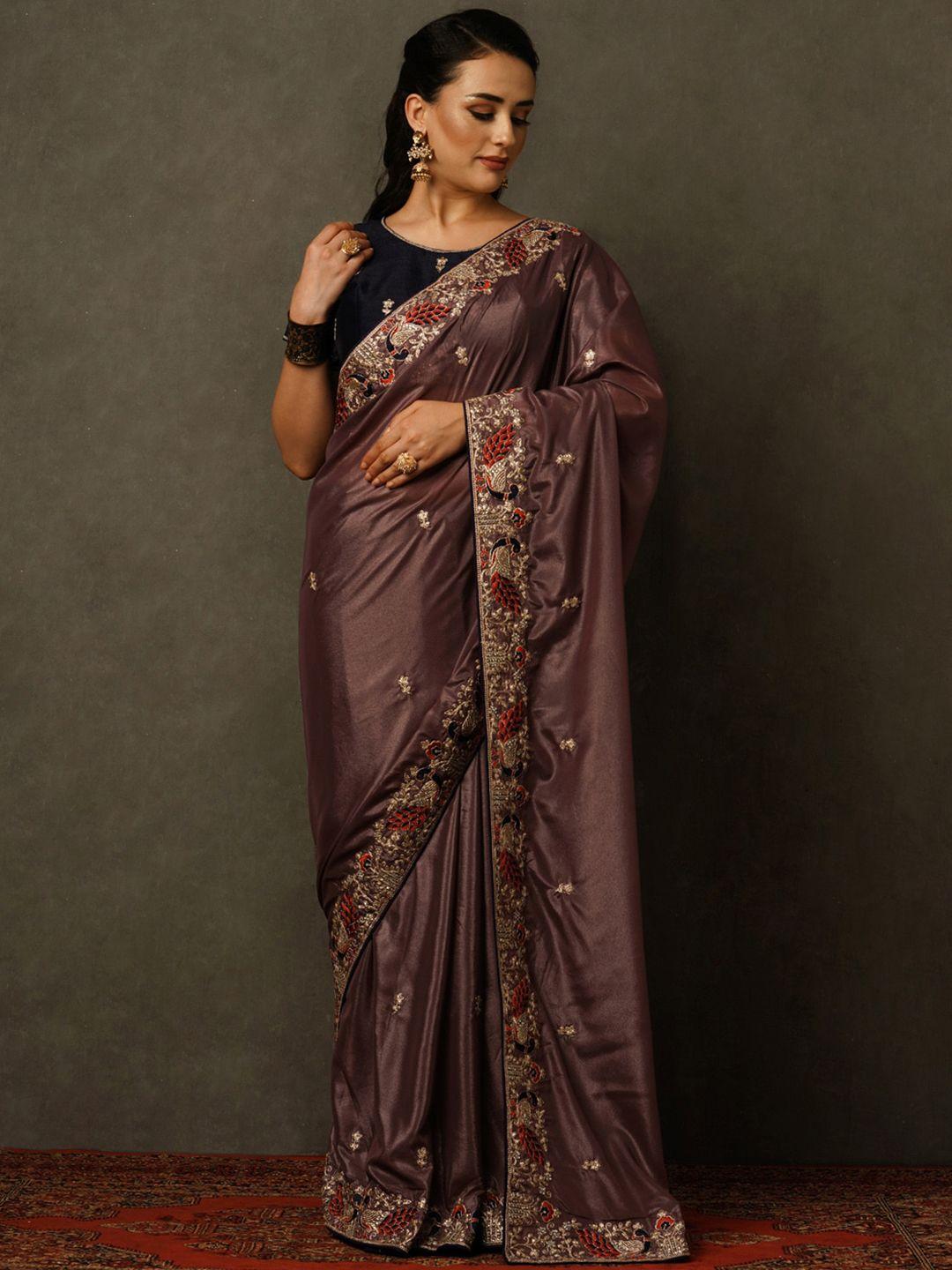 mitera violet & black ethnic motifs embroidered pure crepe saree