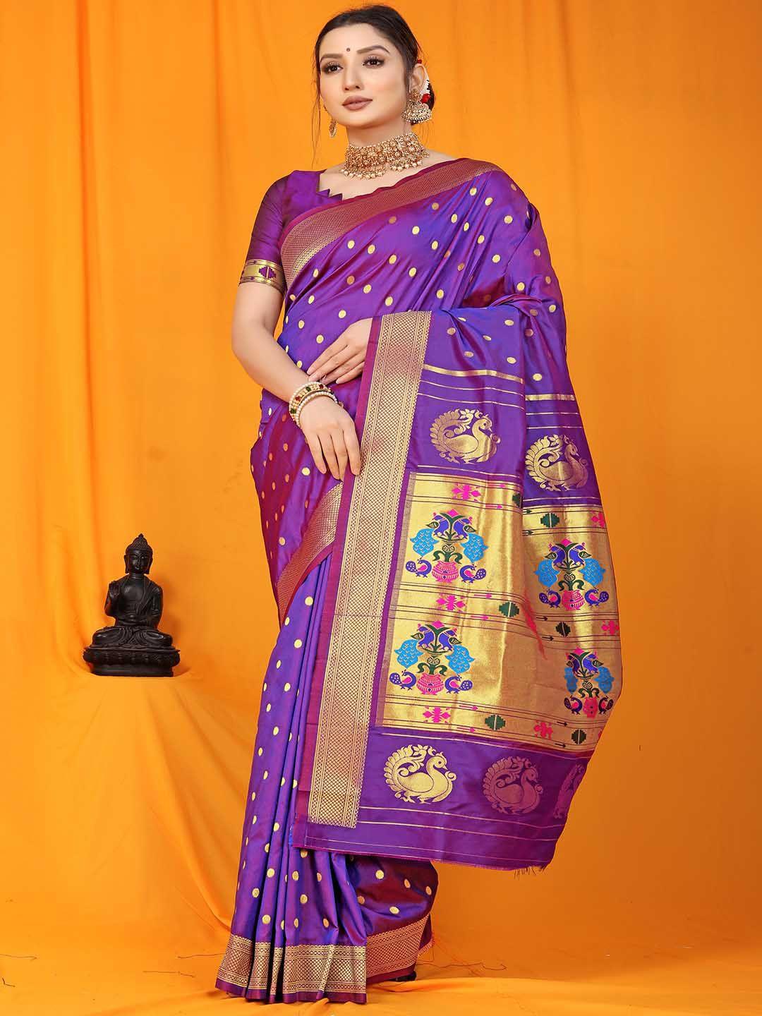 mitera violet & blue ethnic motifs woven design zari art silk saree