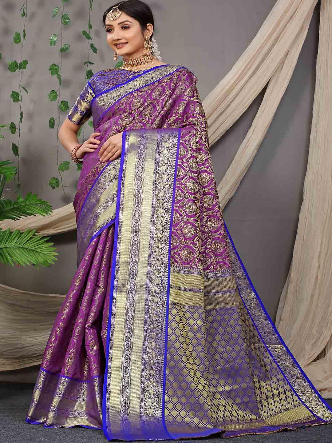 mitera violet & blue ethnic motifs woven design zari saree