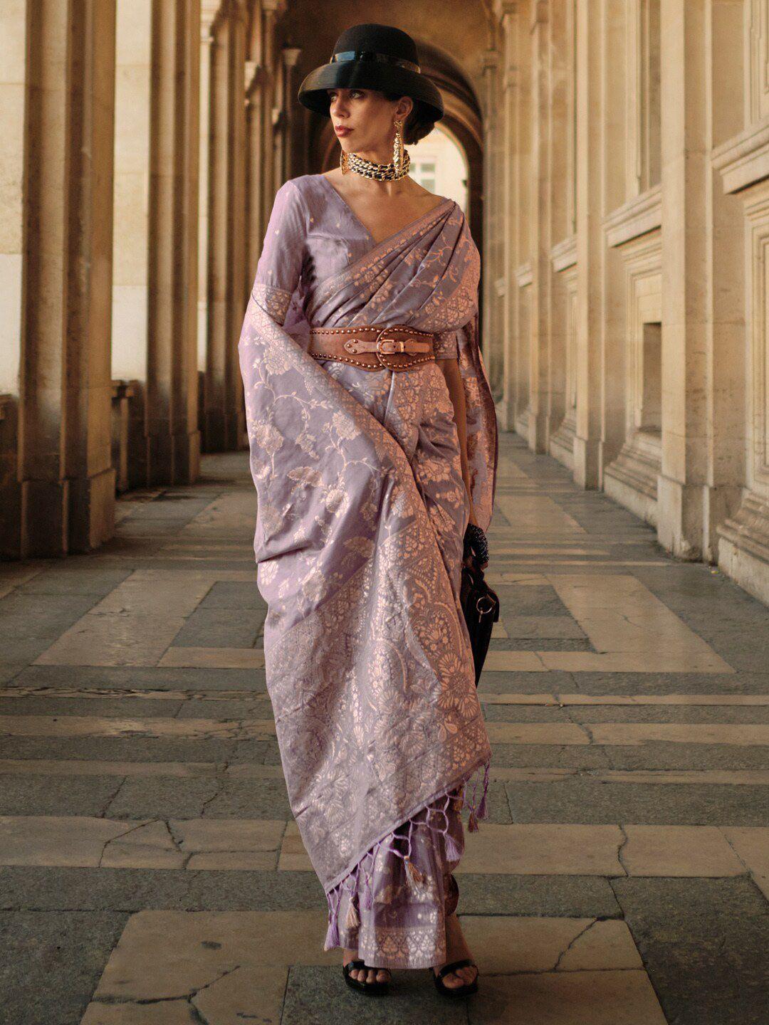 mitera violet & gold-toned ethnic motifs woven design zari banarasi saree