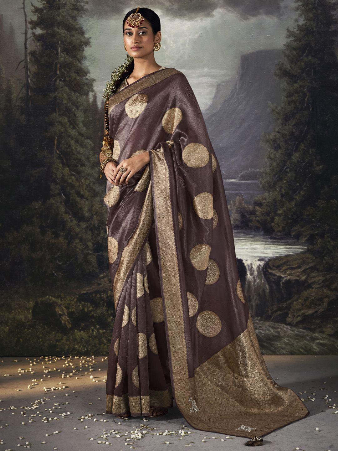 mitera violet & gold-toned ethnic motifs zari tissue banarasi saree