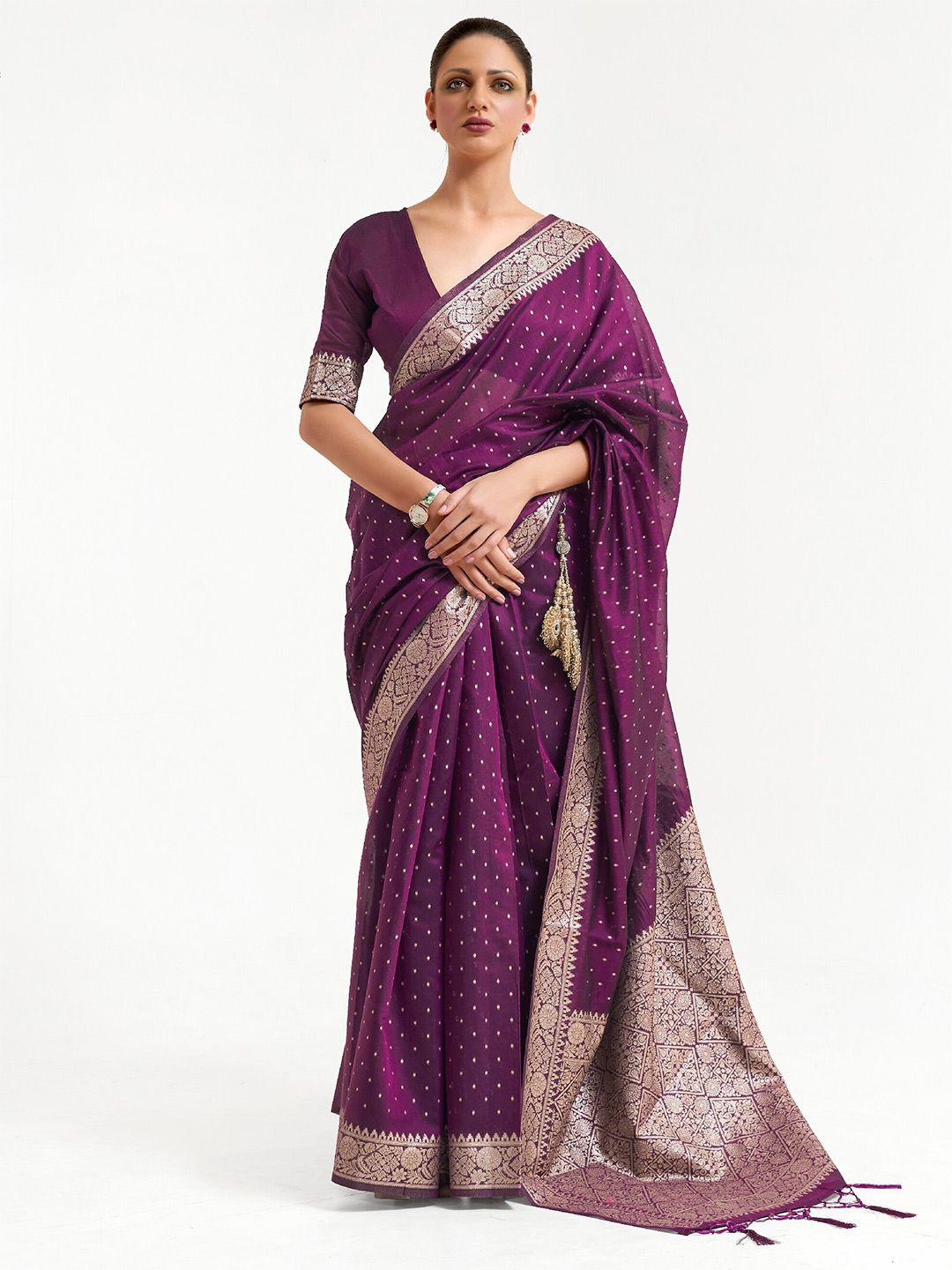 mitera violet & golden zari silk blend banarasi saree