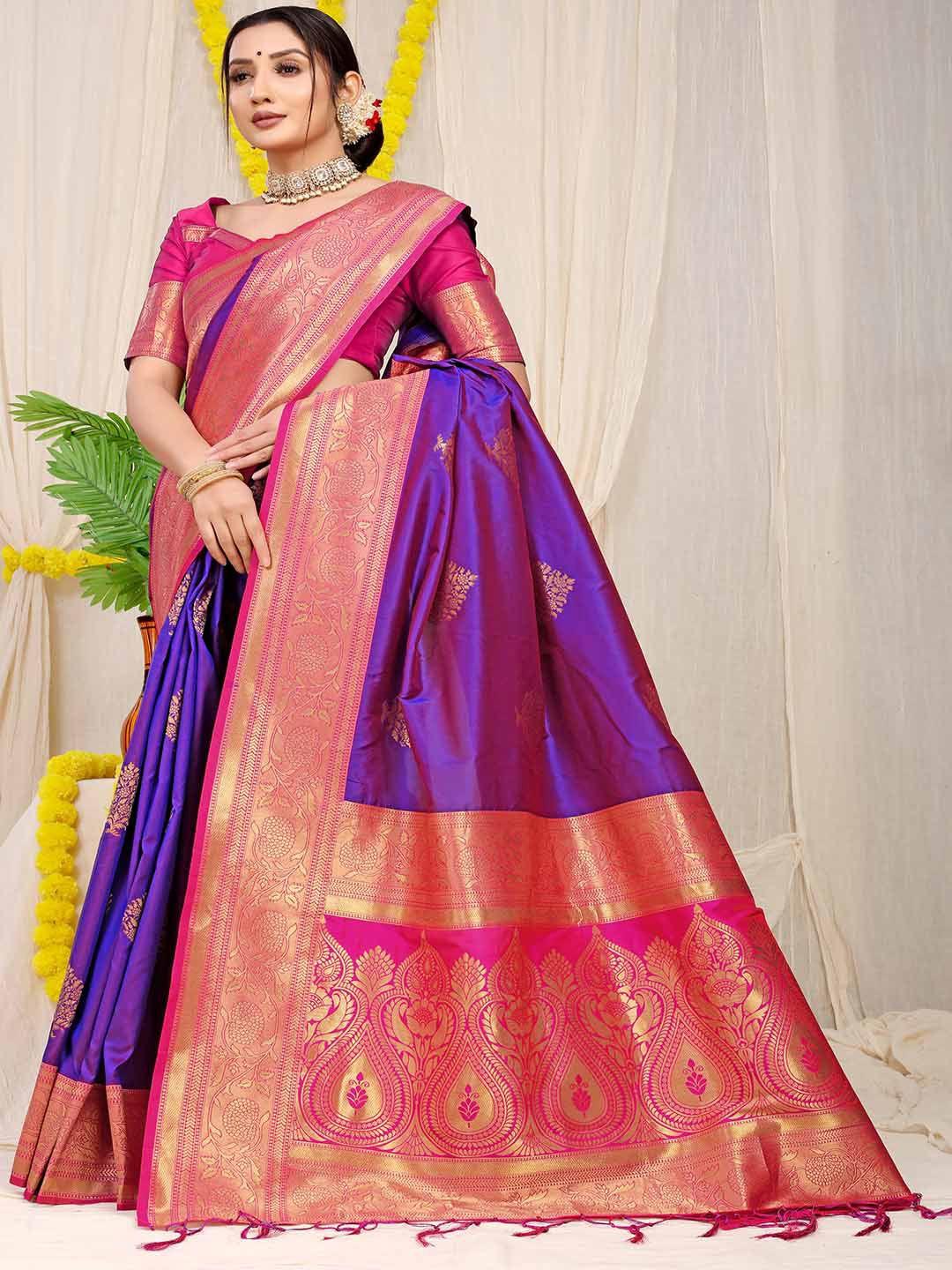 mitera violet & pink ethnic motifs woven design zari saree