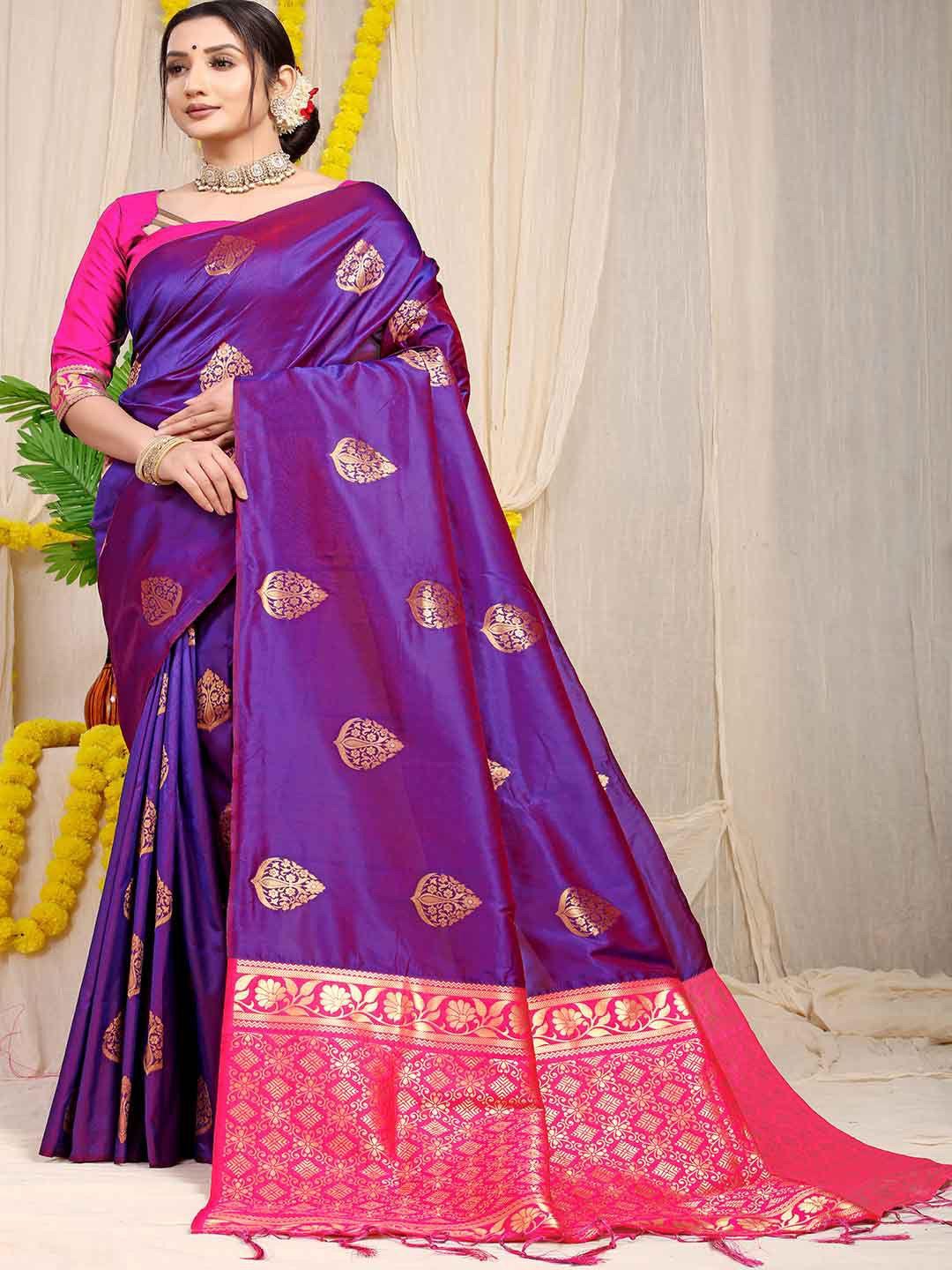 mitera violet & pink ethnic motifs woven design zari saree