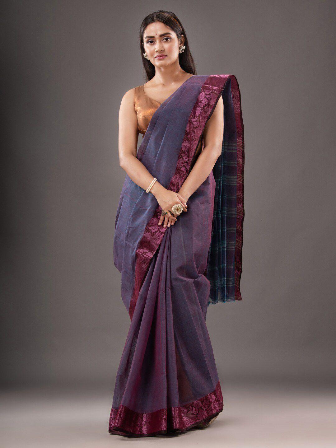 mitera violet & pink zari pure cotton taant saree