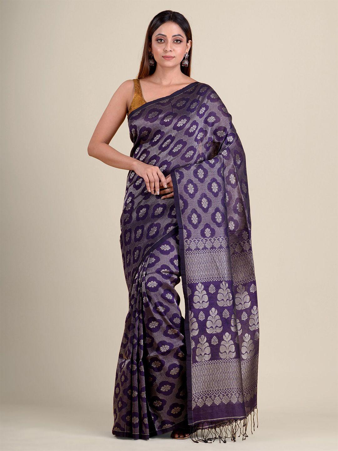 mitera violet & silver ethnic motifs pure linen saree