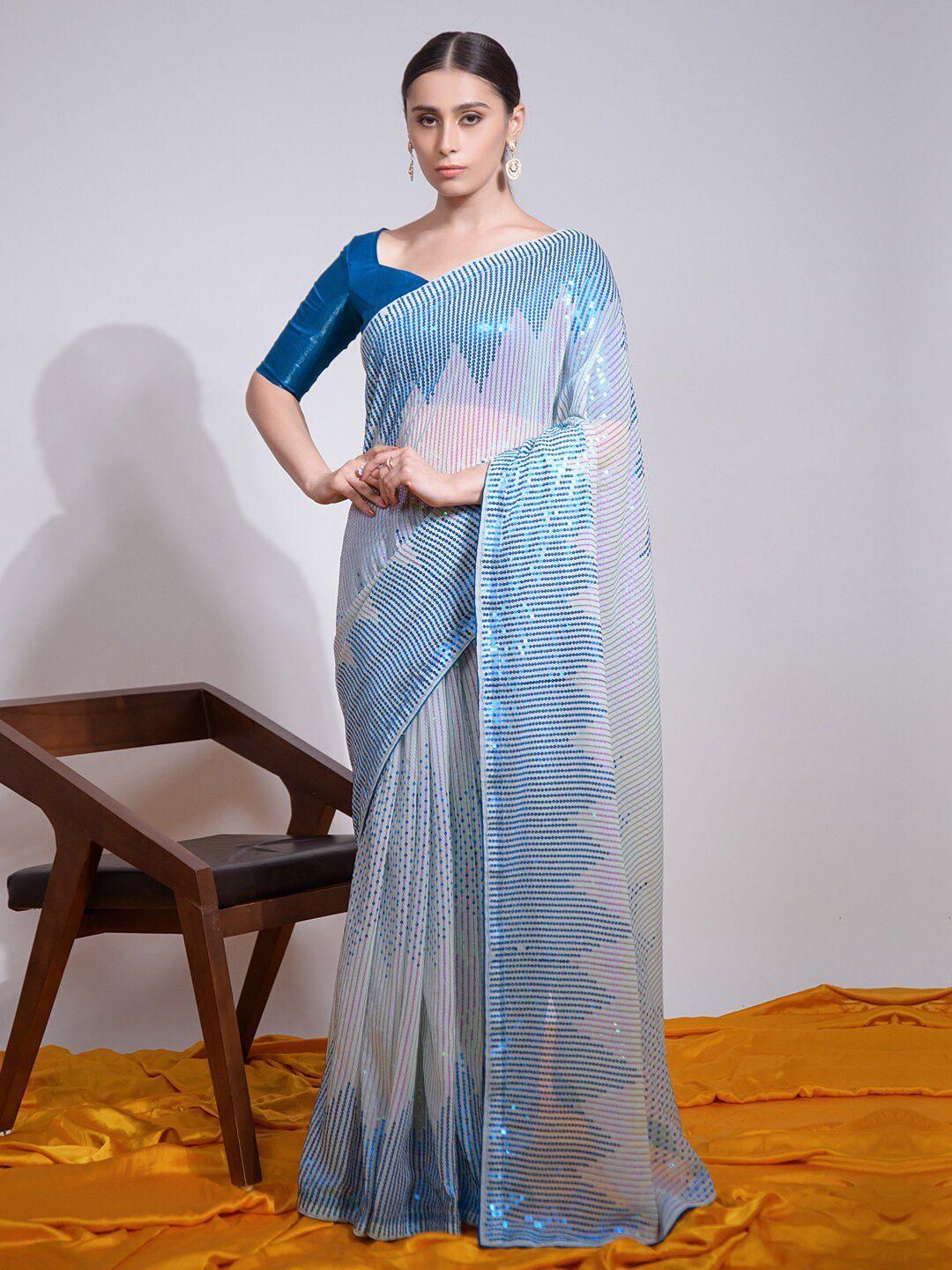 mitera white & blue embellished sequinned pure georgette saree