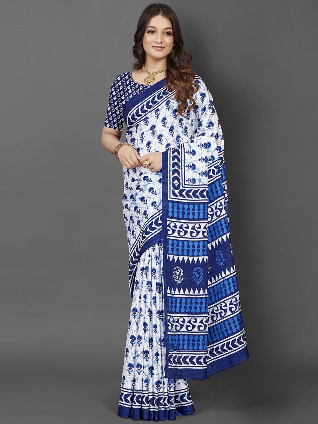 mitera white & blue ethnic motifs printed dabu saree