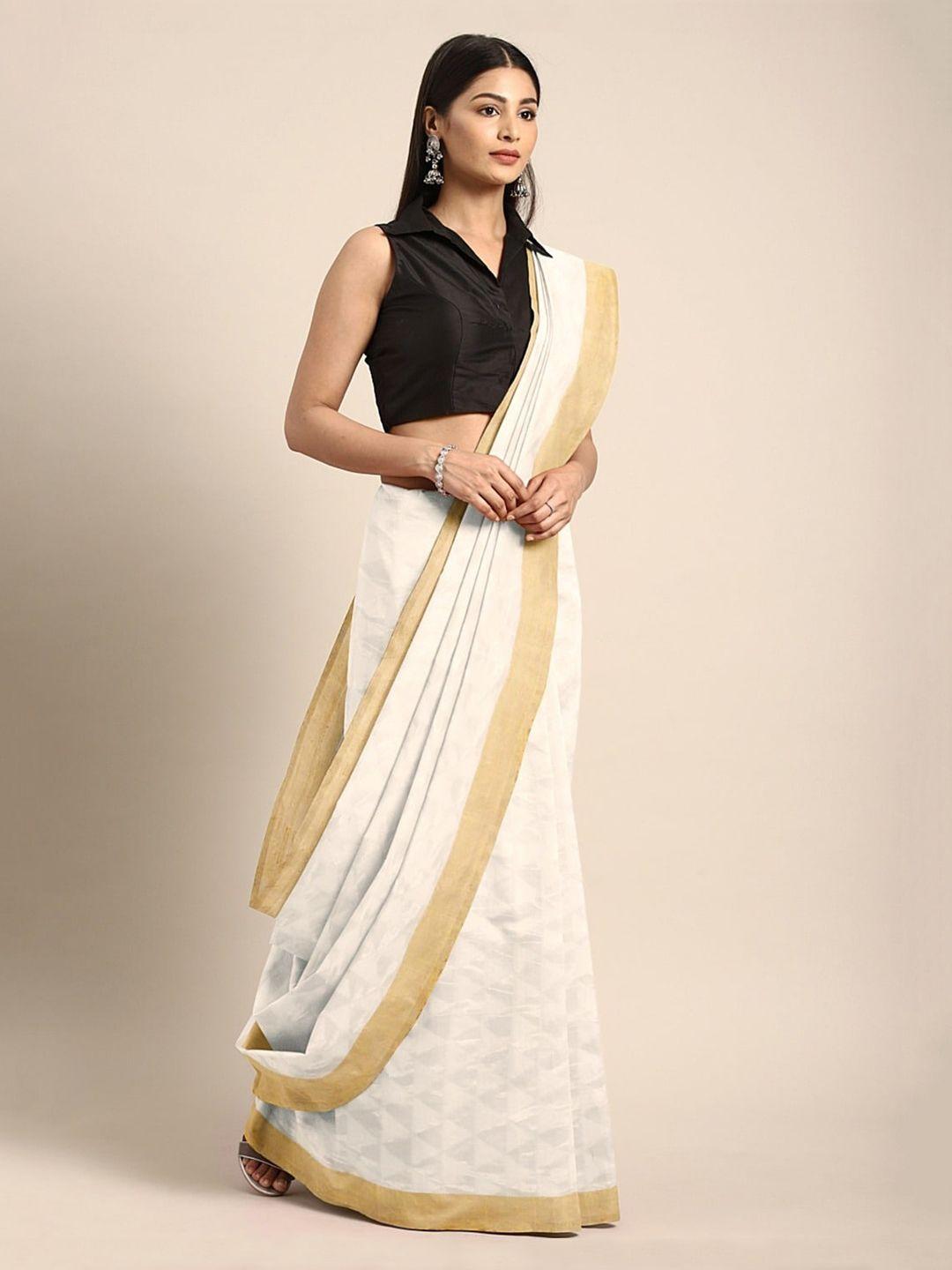 mitera white & gold-toned pure silk printed taant saree