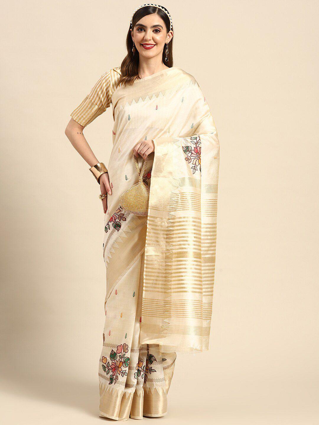 mitera white & green ethnic motifs embroidered silk cotton saree