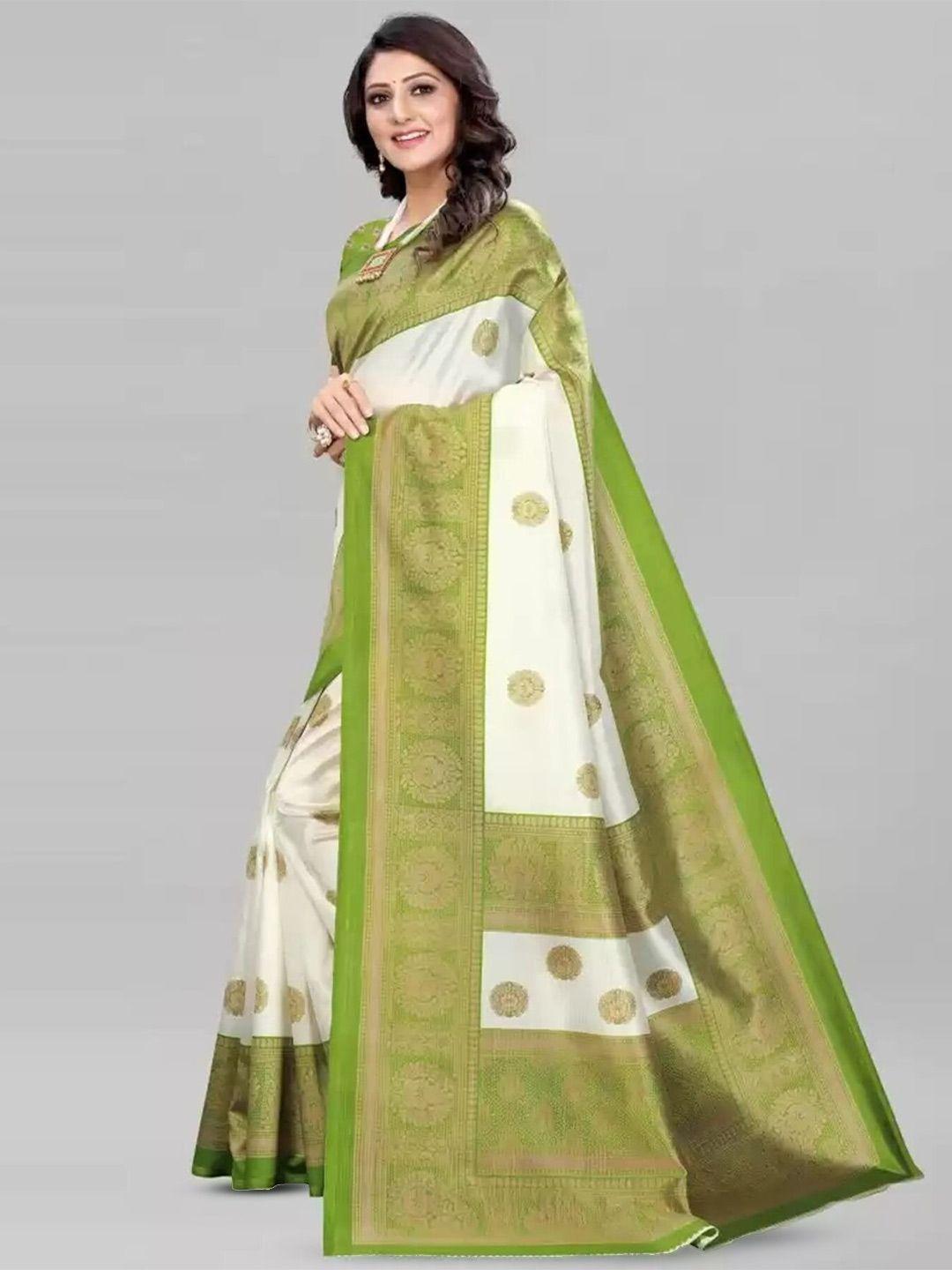 mitera white & green ethnic motifs printed saree