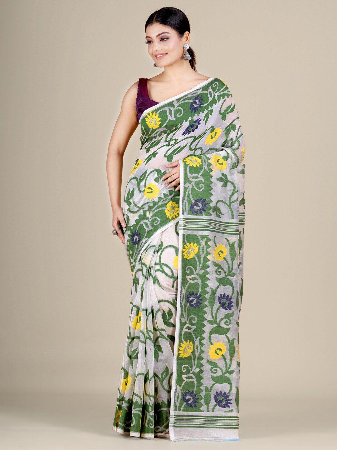 mitera white & green ethnic motifs silk cotton jamdani saree