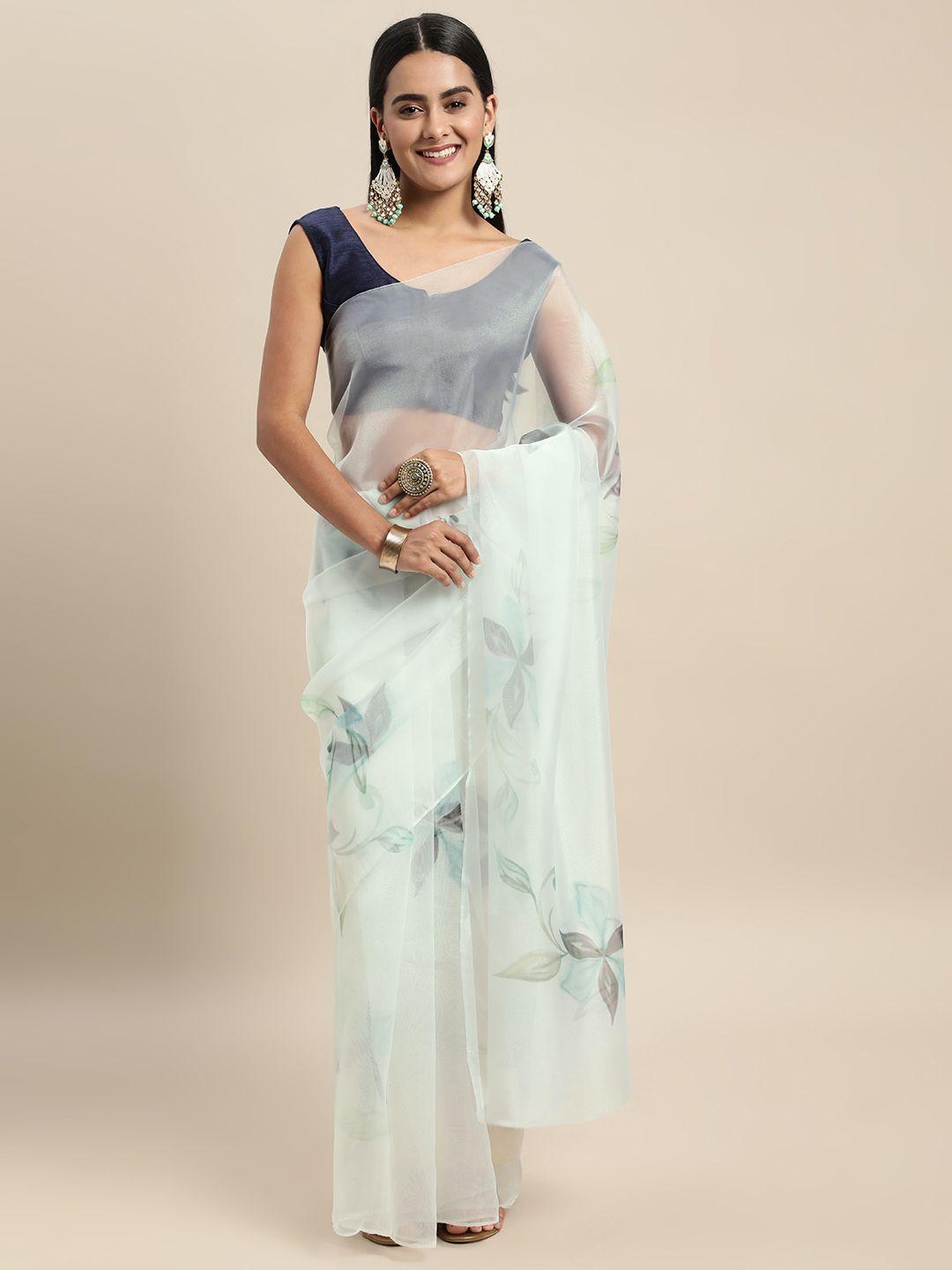 mitera white & green floral organza saree