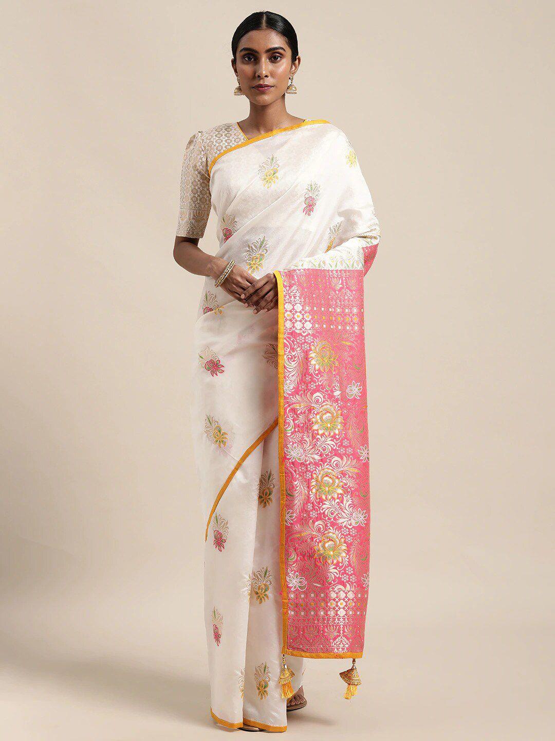 mitera white & peach ethnic motifs woven design zari heavy work banarasi saree