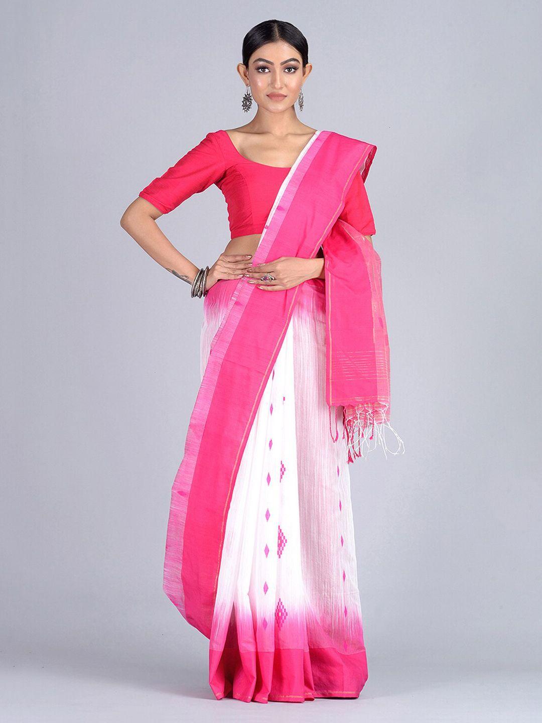 mitera white & pink silk cotton woven design handloom taant saree