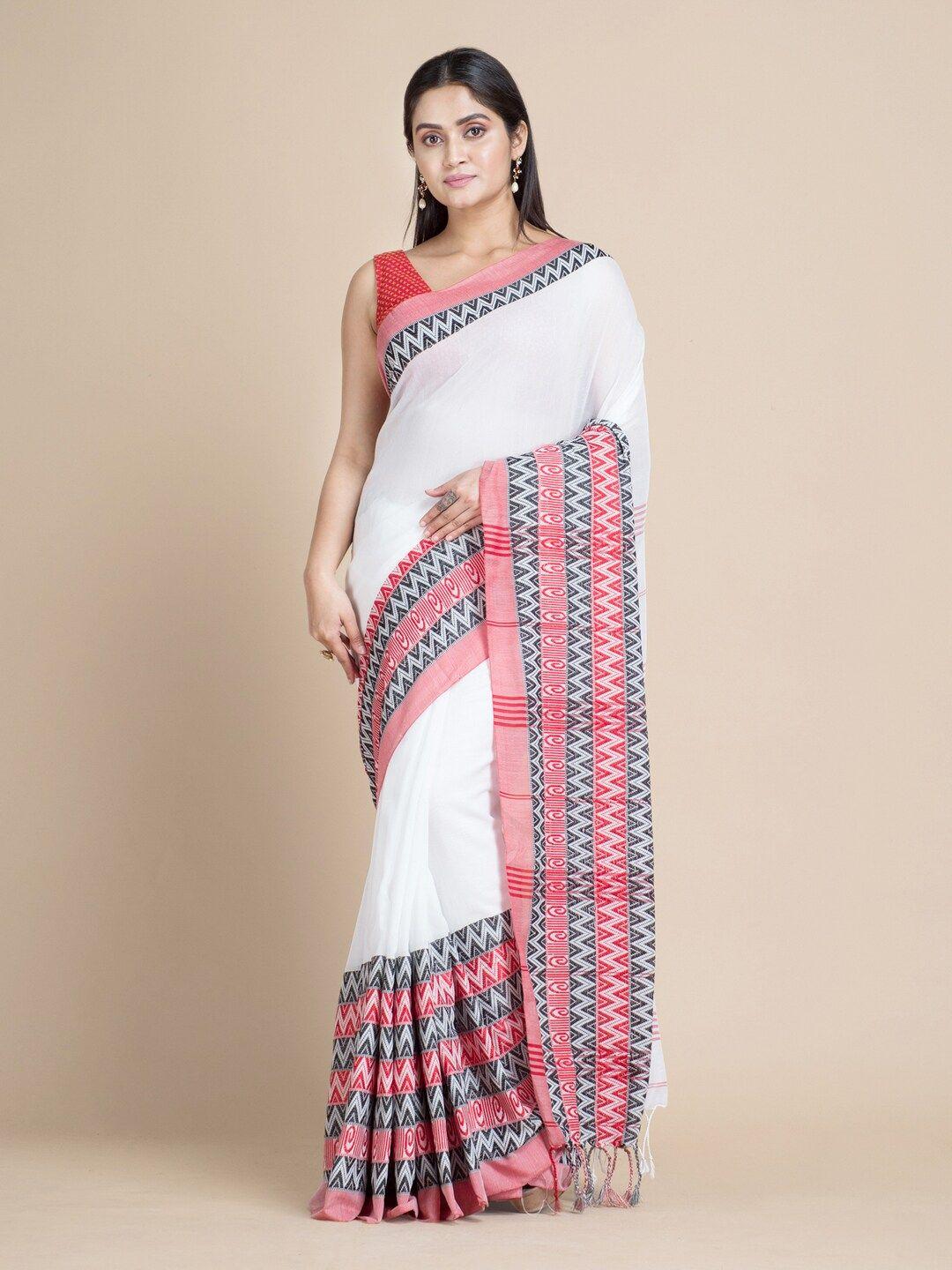 mitera white & pink woven design pure cotton soft  saree