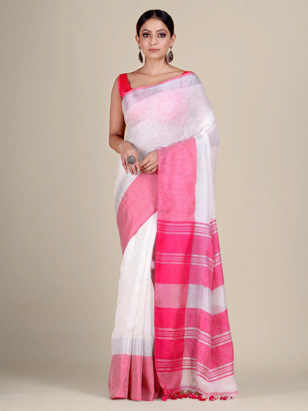 mitera white & pink woven design zari pure linen saree