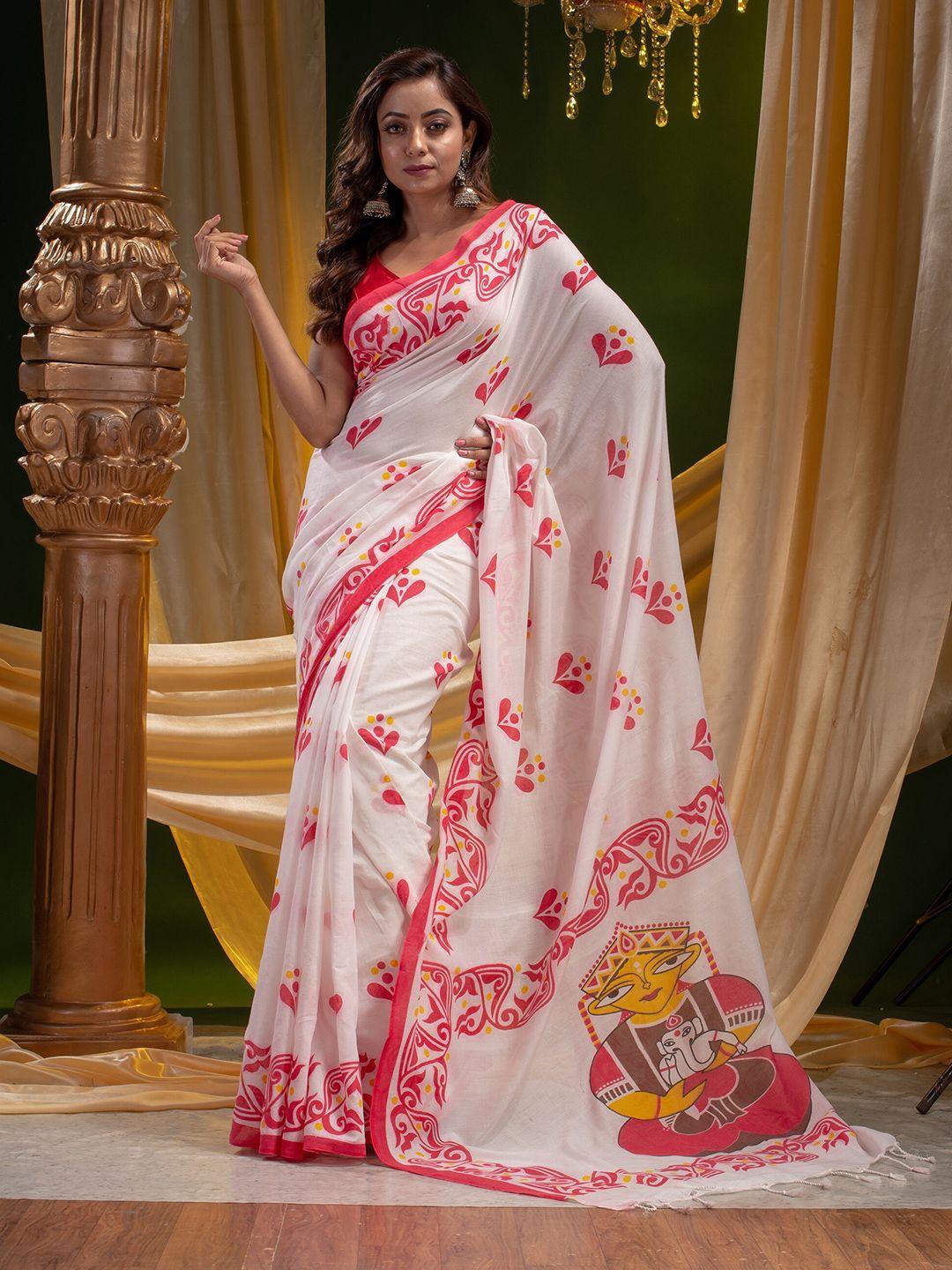 mitera white & red ethnic motifs printed saree