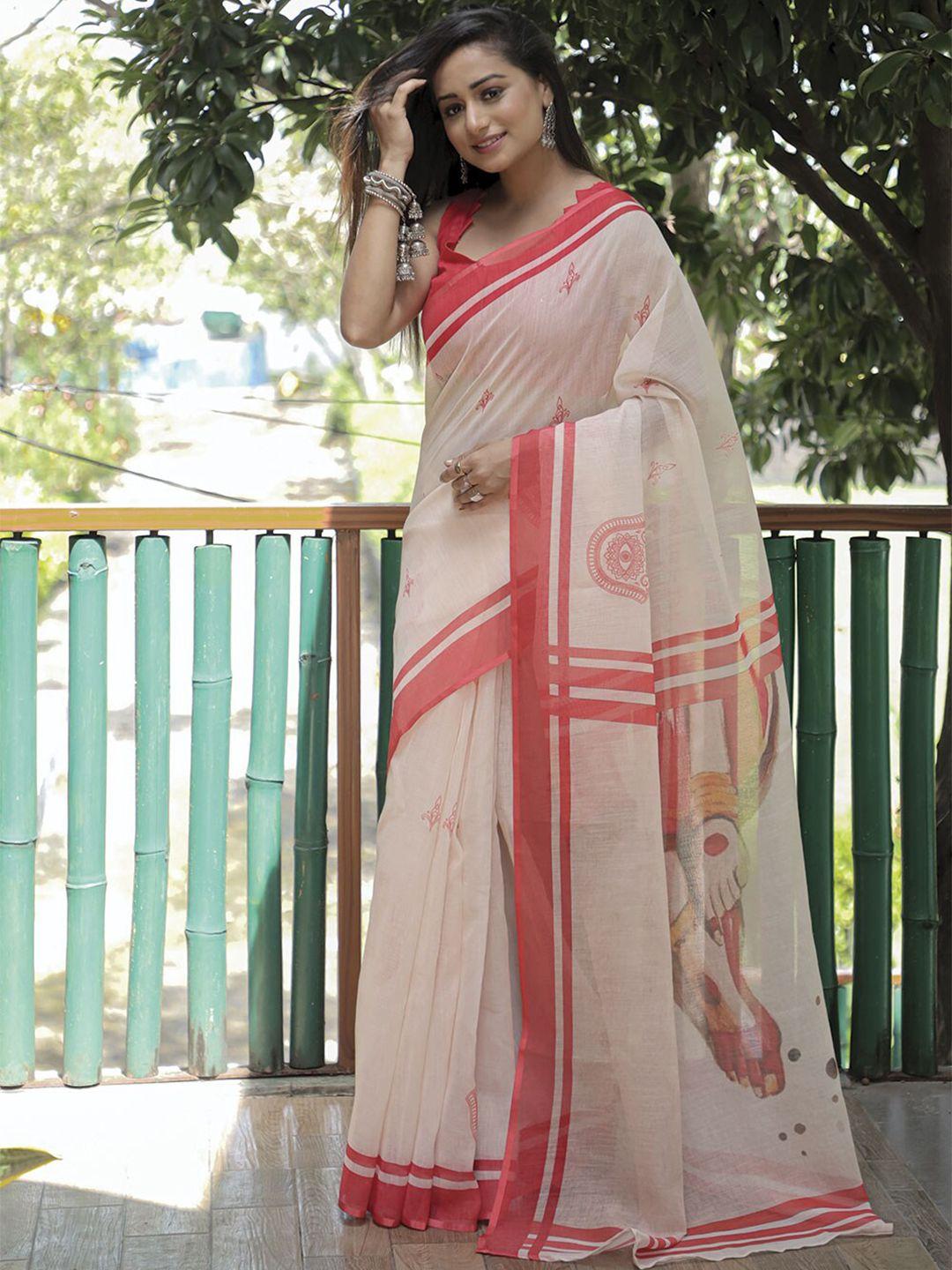 mitera white & red ethnic motifs saree