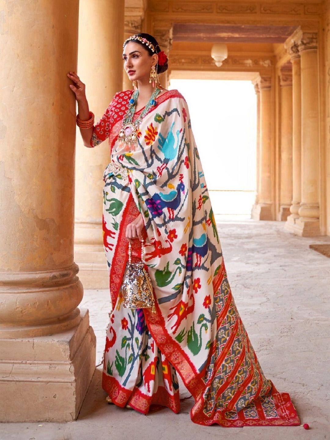 mitera white & red ethnic motifs zari pure silk patola saree