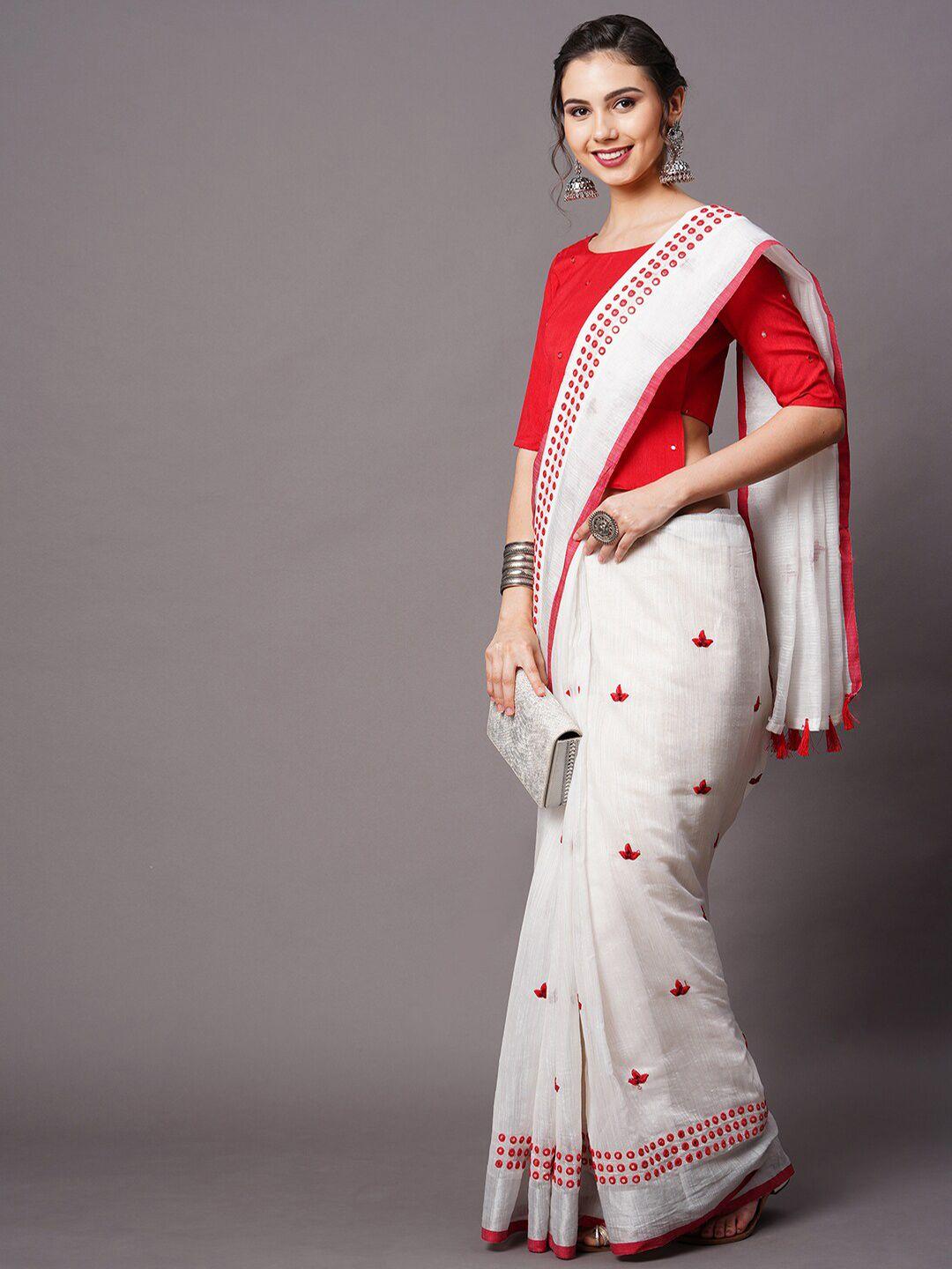 mitera white & red floral embroidered mirror work linen blend saree