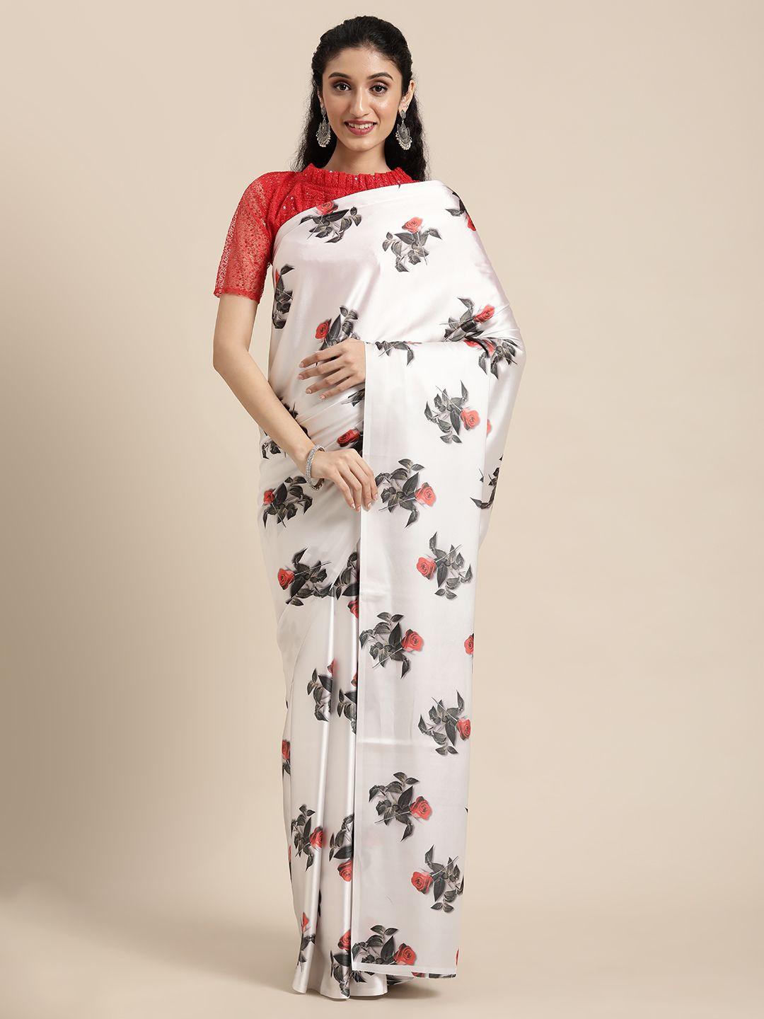 mitera white & red floral satin saree