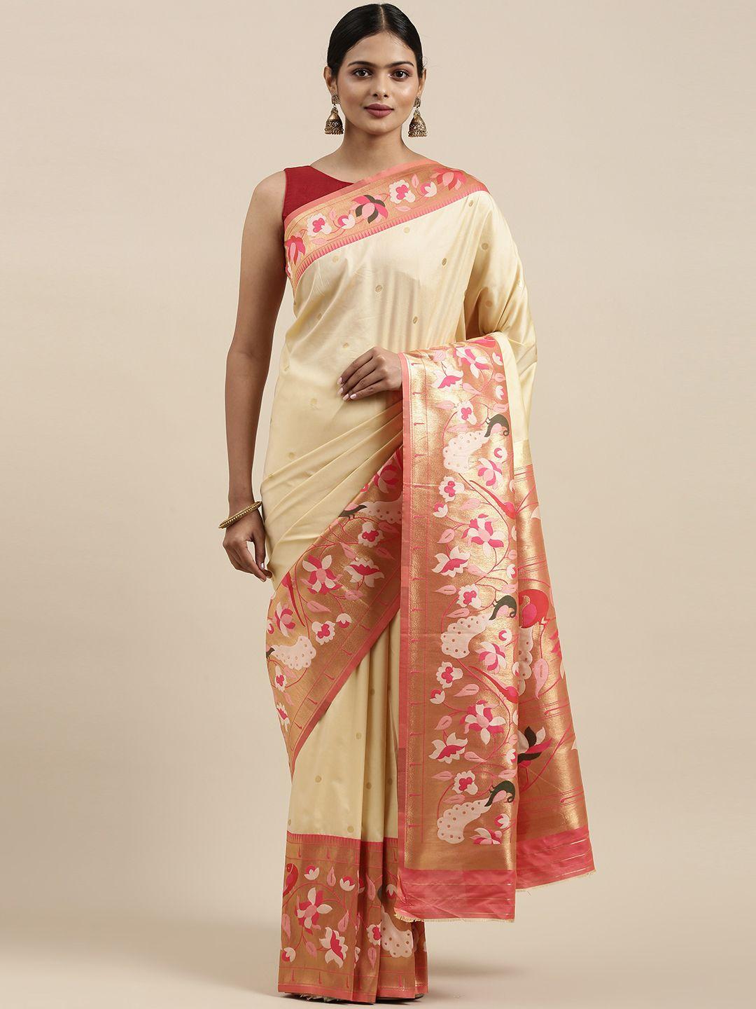 mitera white & red floral zari silk blend paithani saree