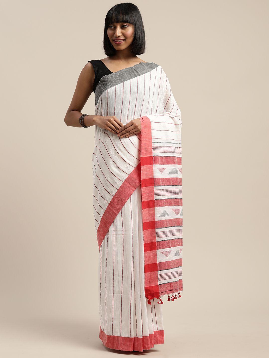 mitera white & red liva pure cotton striped handloom sustainable saree