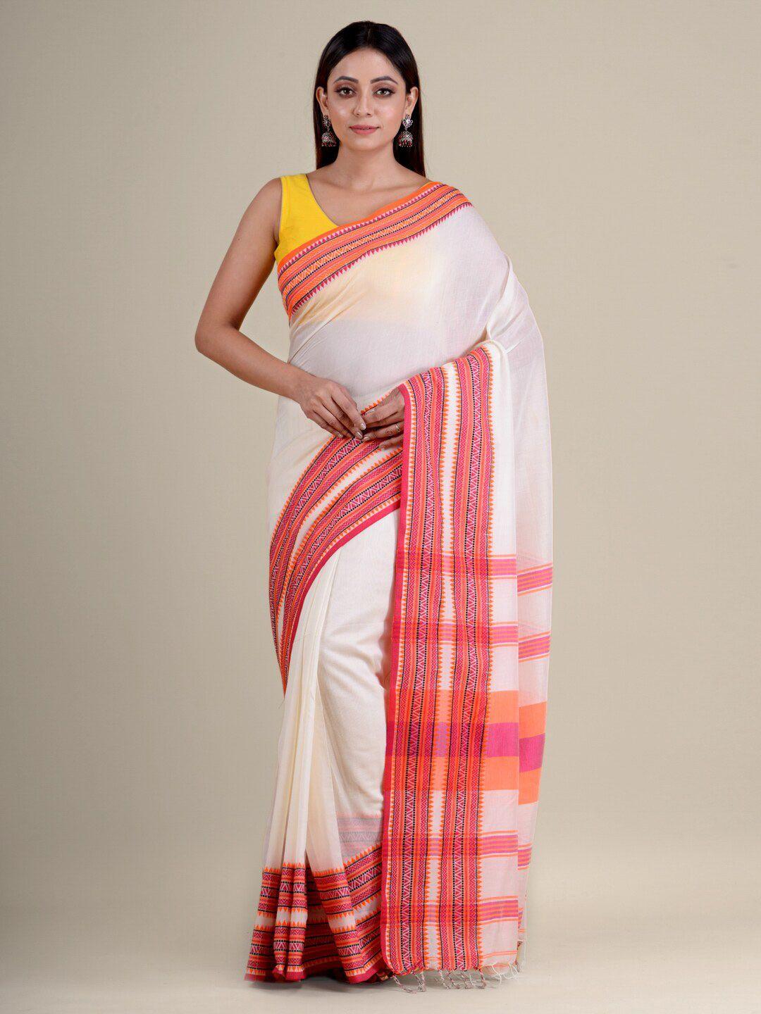 mitera white & red pure cotton handloom saree