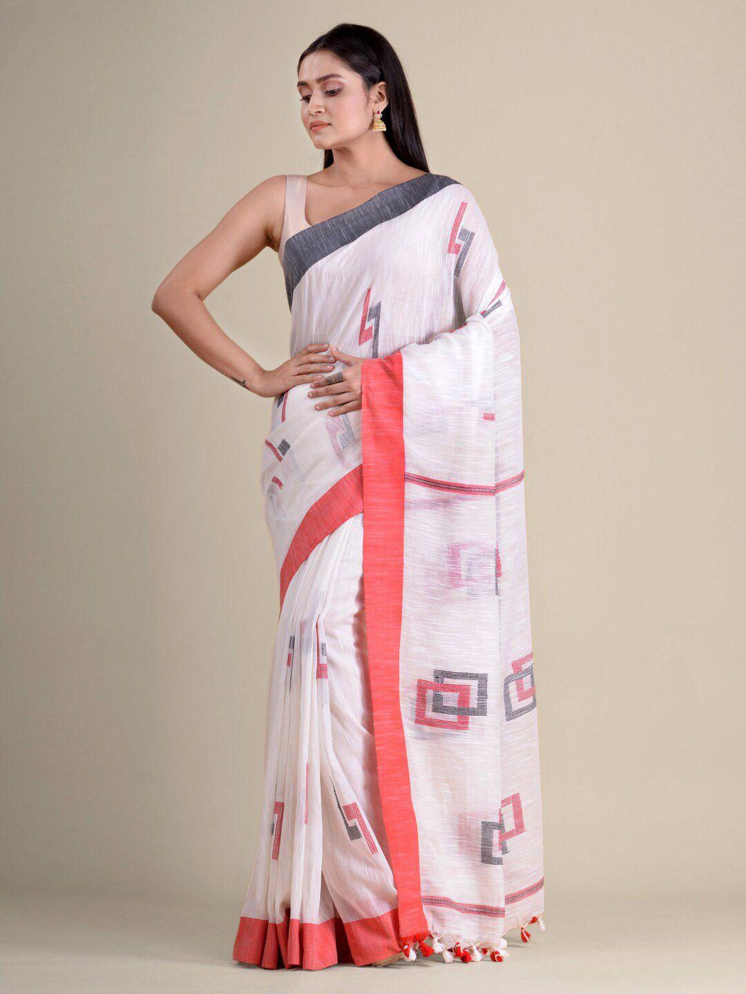 mitera white & red pure cotton saree