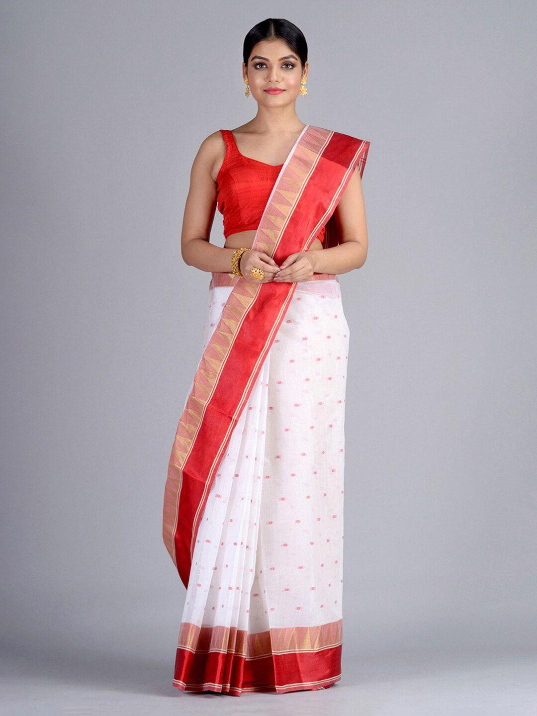 mitera white & red pure cotton woven design taant saree