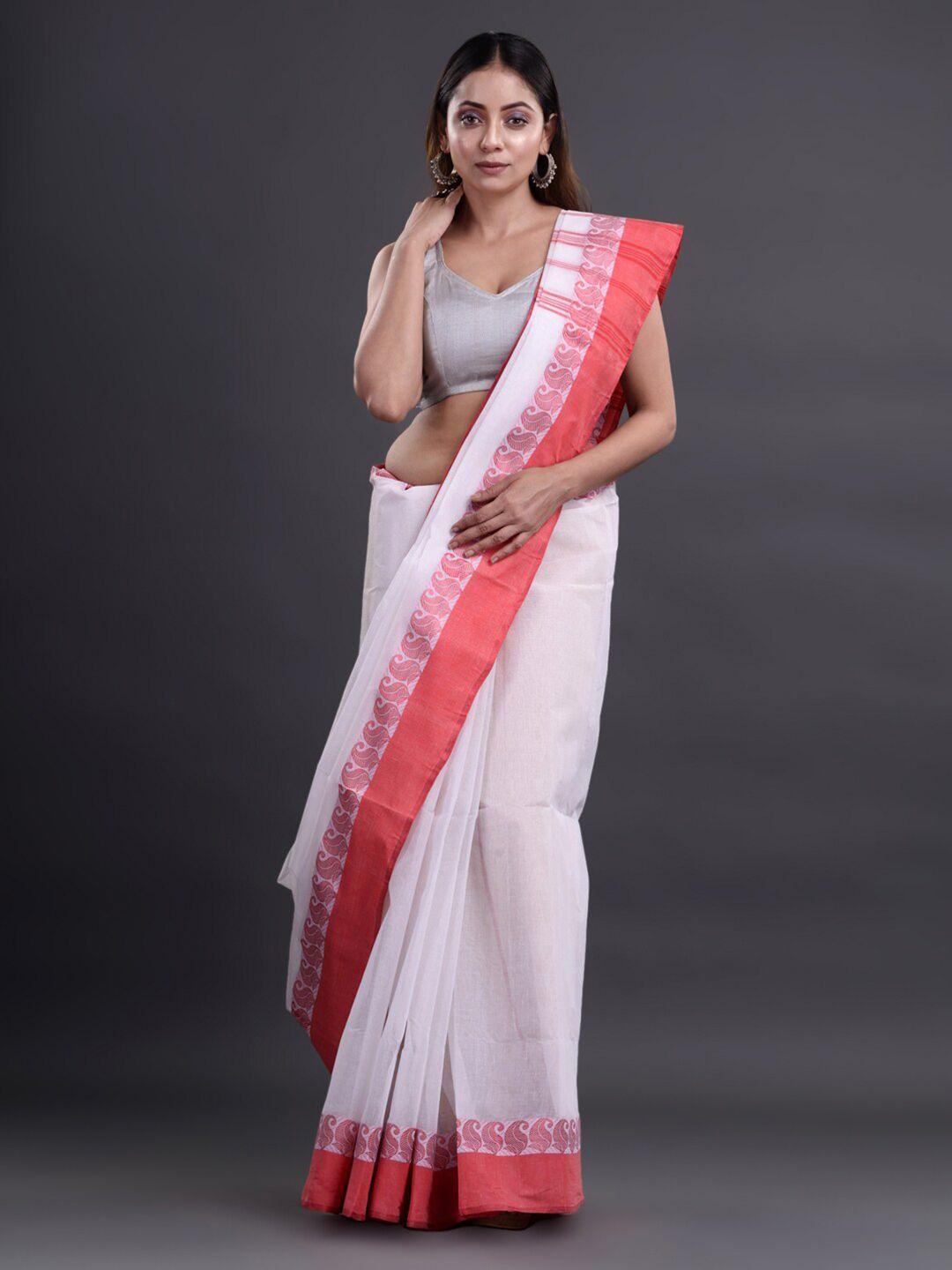 mitera white & red woven design pure cotton taant saree