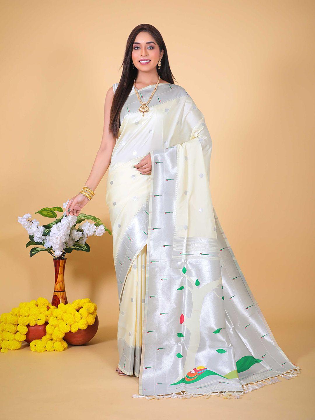 mitera white & silver-toned geometric woven design zari paithani saree