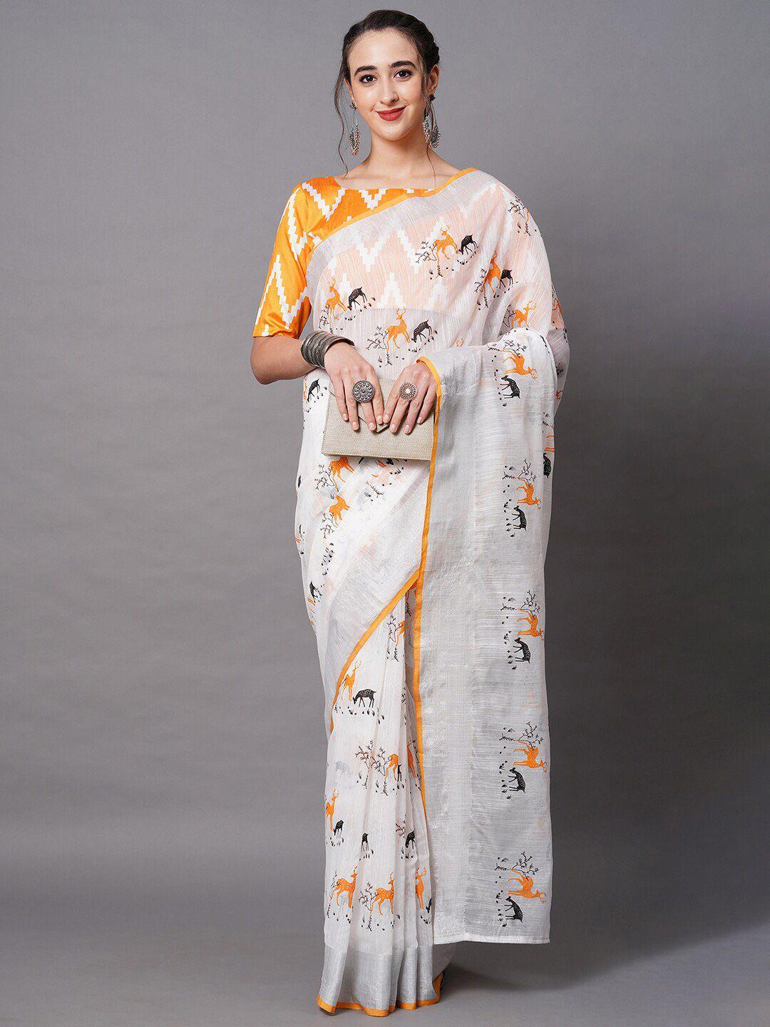 mitera white & yellow linen blend printed saree