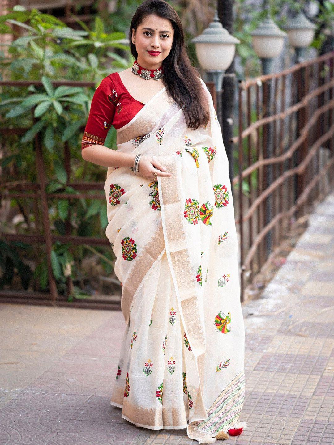 mitera white floral embroidered zari linen saree