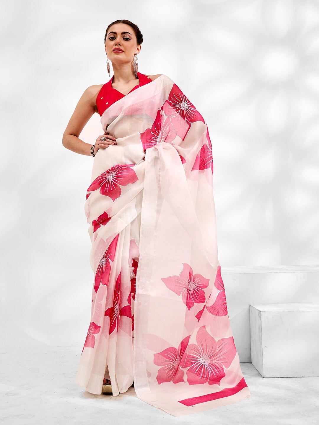 mitera white floral printed saree