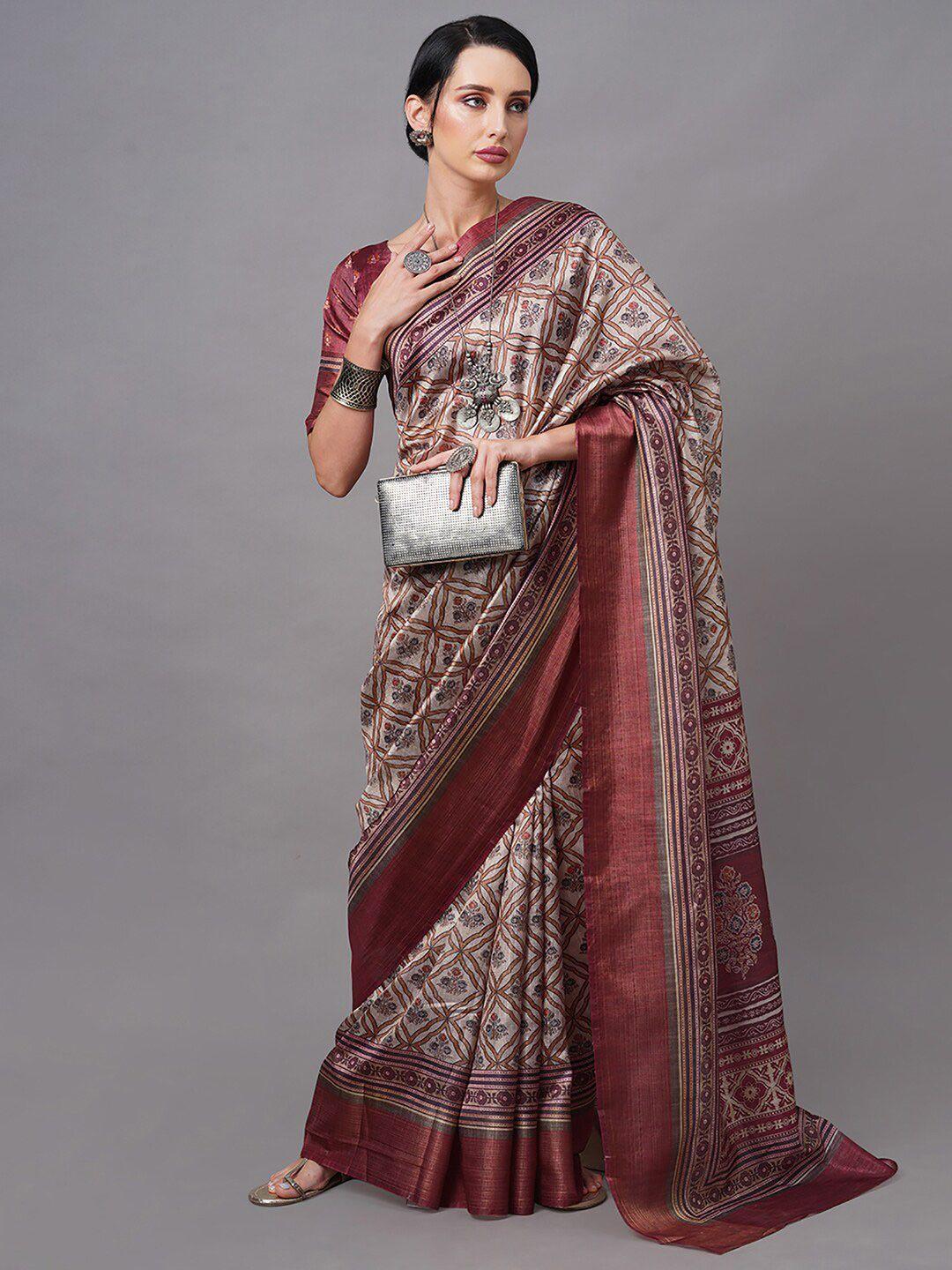 mitera women beige & gold-toned floral linen blend bagh saree