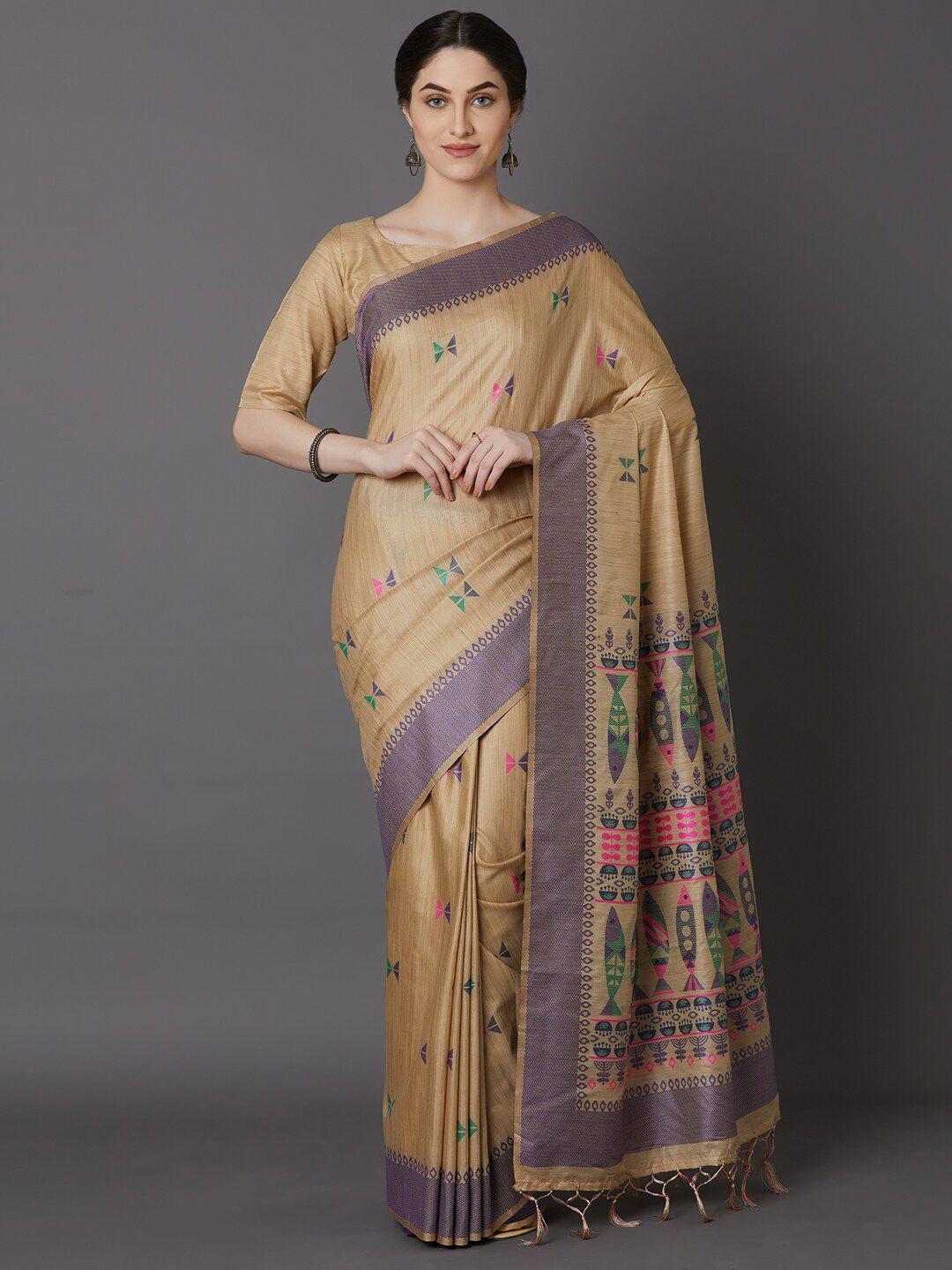 mitera women beige & grey geometrical woven design festive saree