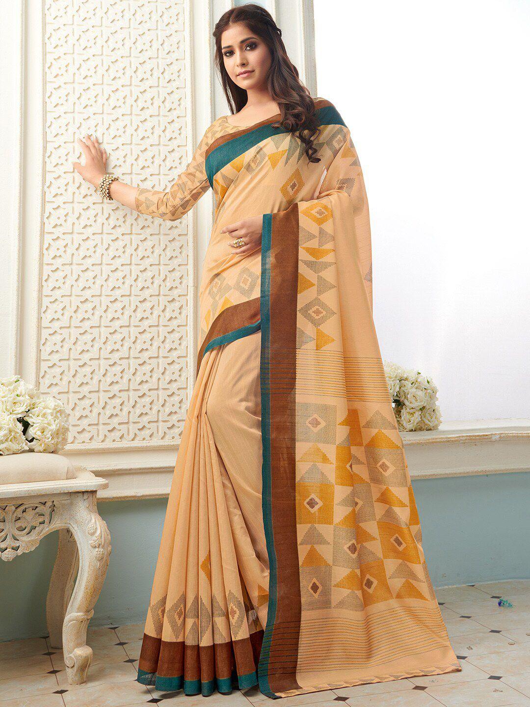 mitera women beige & orange printed  art silk bhagalpuri saree with matching blouse