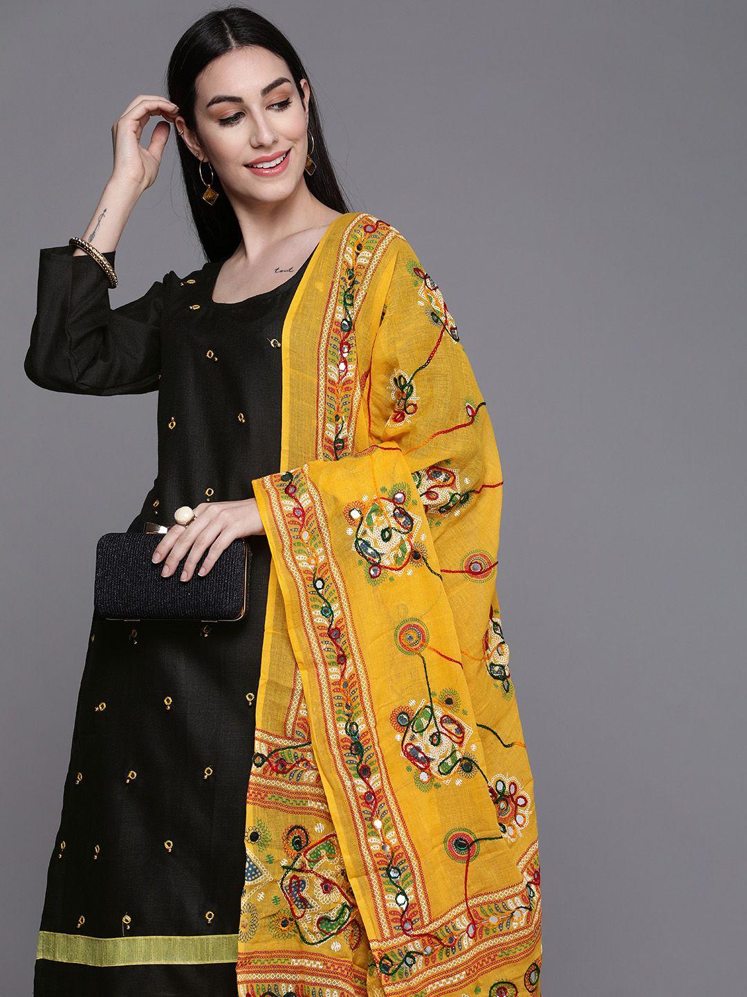 mitera women black & yellow embellished unstitched kurta set material