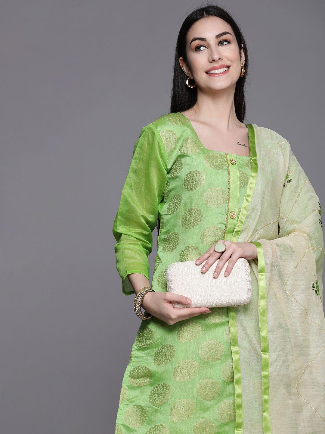 mitera women green & gold-toned unstitched kurta set material