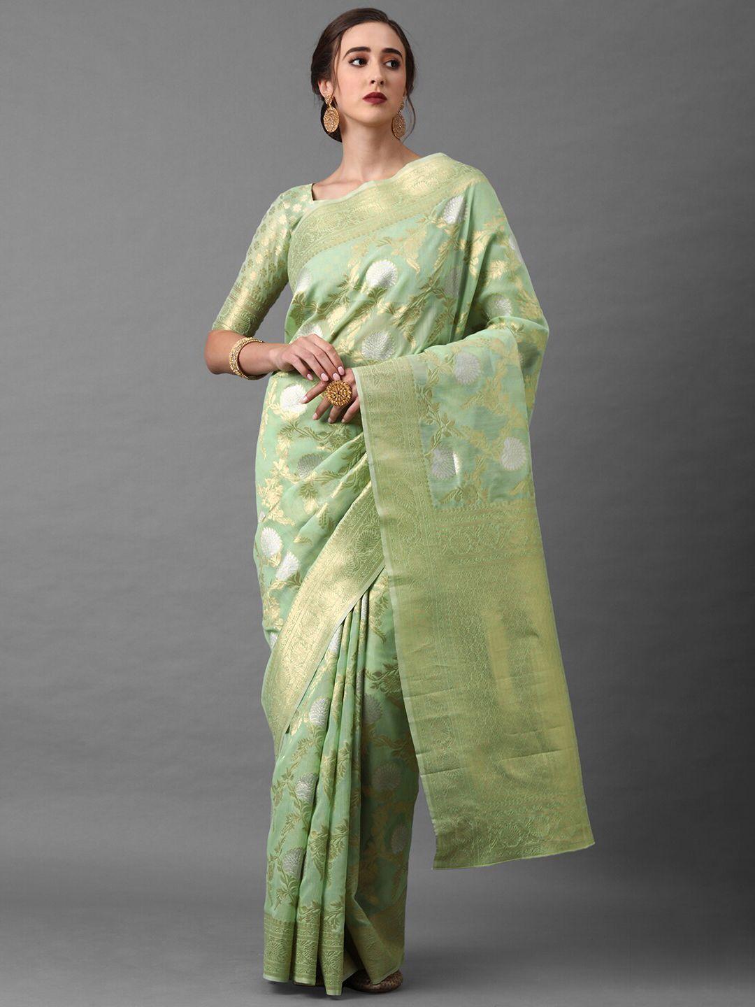 mitera women green & gold-toned woven designed banarasi saree