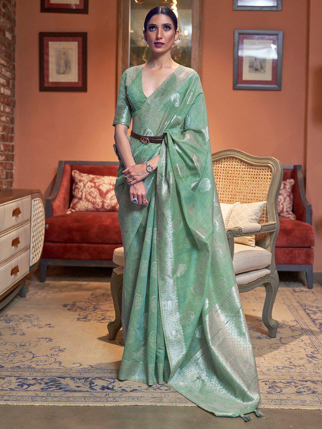 mitera women green floral zari pure linenwoven design festive saree with matching blouse