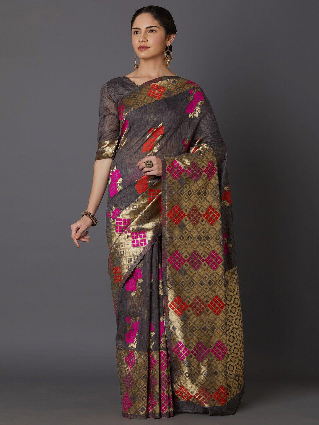 mitera women grey & gold-toned woven design zari silk blend kasavu saree