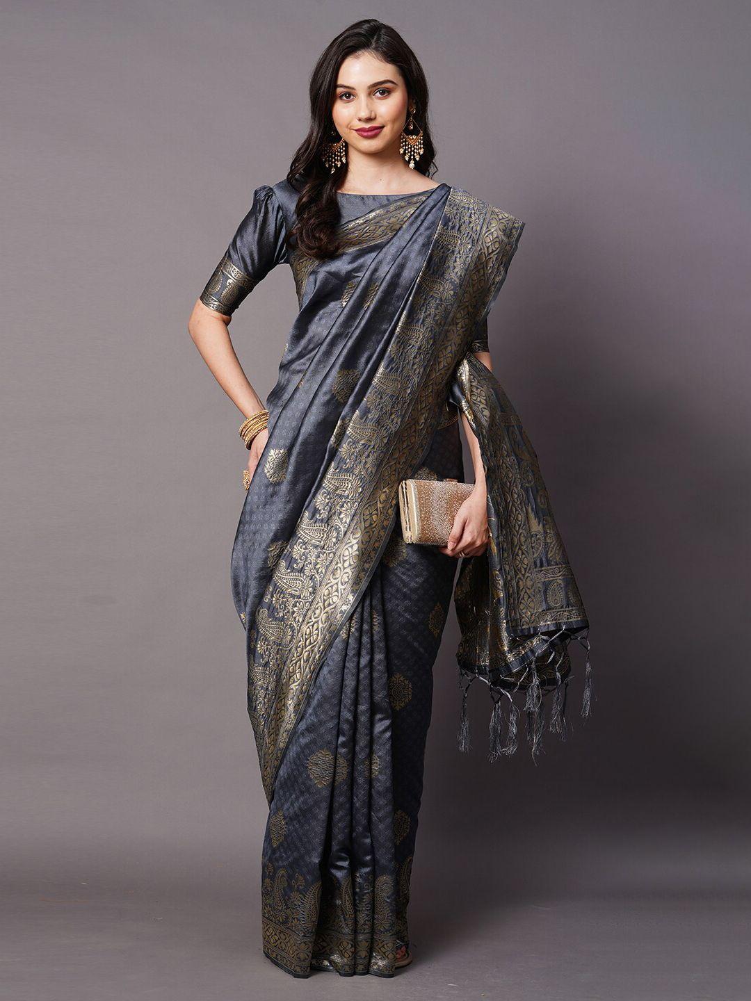 mitera women grey & gold-toned woven designed silk cotton saree