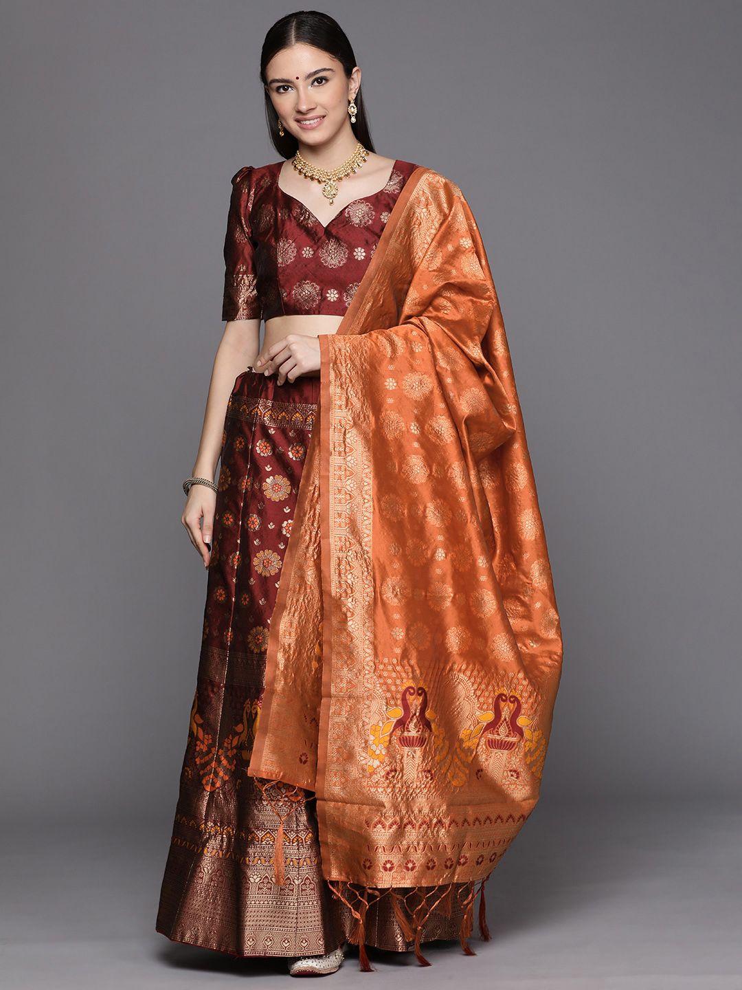 mitera women magenta & gold-toned batik semi-stitched lehenga unstitched blouse & dupatta